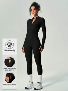 UONNOU 1 Piece 连体衣 连体运动服 蜜桃臀 提腰 收腹 瘦腿 全身塑身 拉链半开 长袖 拇指孔设计 小立领 适合运动 滑雪 骑行 健身房 瑜伽 球类运动 锻炼 室内外 日常休闲 无缝罗纹针织面料 运动服 秋冬款 - 黑色 - 查看 2