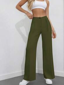 Women's High Waist Pleated Loose Fit Trousers, Suitable For Work And Casual Wear, Spring/Summer - Army Green - View 4