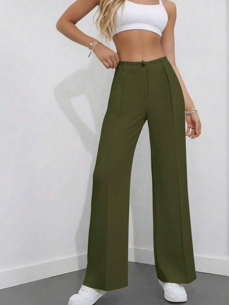 Women's High Waist Pleated Loose Fit Trousers, Suitable For Work And Casual Wear, Spring/Summer - Army Green - View 4
