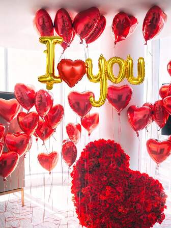 11pcs Valentine's Day Theme Balloon Set, Includes Red Heart Shaped And Connected I Love You Foil Balloons, Suitable For Valentine's Day, Proposal, Anniversary, Party Themed Events, Creating Romantic Atmosphere For Valentine's Day, Proposal, Confession, Anniversary, Birthday, Wedding Party, Photo Booth Props