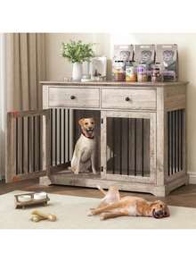 44-Inch Large Dog Crate Furniture – Wooden Kennel End Table With 2 Storage Drawers, Decorative Indoor Pet House For Medium & Large Dogs,Thanksgiving,Christmas Gift - 灰色 - 查看 5