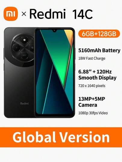 Xiaomi Redmi 14C 智能手机 | 6GB RAM + 128GB ROM | 6.88 英寸 HD+ 90Hz 显示屏 | 13MP AI 双摄像头 | 5160mAh 电池 | 18W 快速充电 | 4G LTE 双卡 | 侧面指纹 | HyperOS | 全球版本