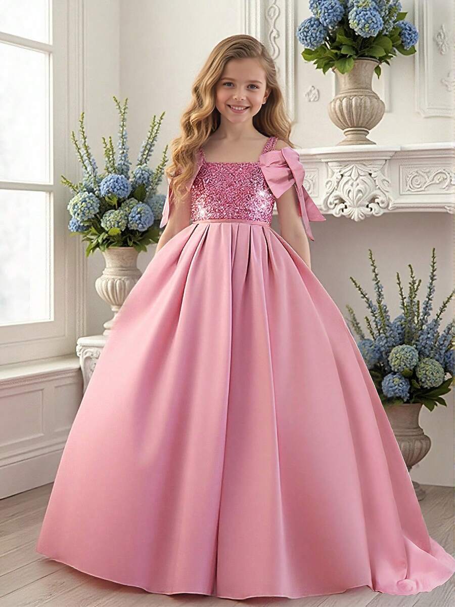 Tween Girls Spaghetti Strap Sequin Bow Satin Elegant Hosting School Party Trailing Princess Dress, Suitable For Birthday Party, Prom, Does Not Include Headband - Dusty Pink - View 1