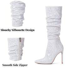 Women's  4 Inch  Knee High Long Boots, Stiletto Tall Pointed Toe Heeled Boot Leather Suede Comfortable Sexy - 白色 - 查看 3
