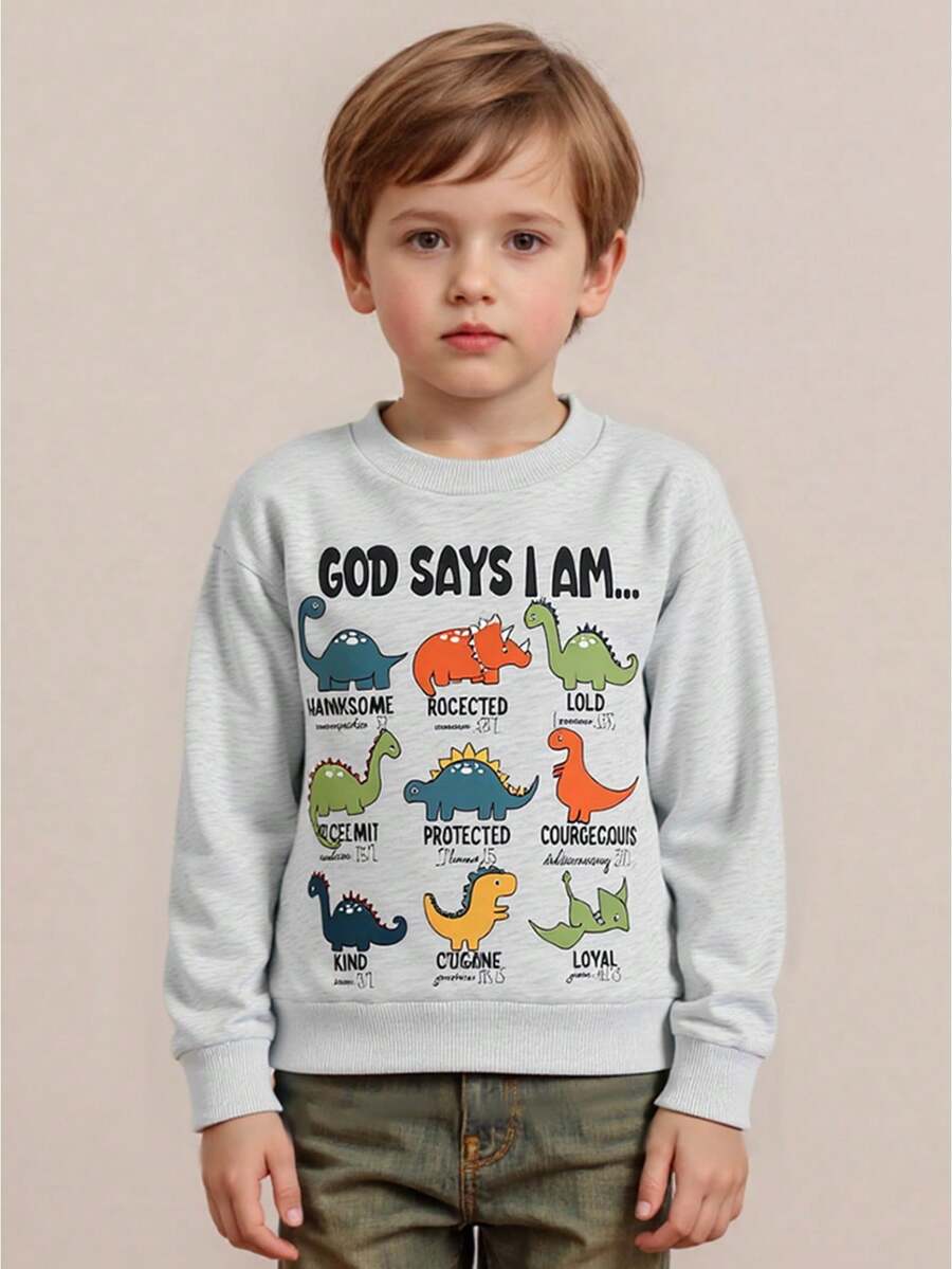 Sudadera de otoño para niño pequeño con estampado de dinosaurio y letras, manga larga, cuello redondo, blusa holgada - Gris - Ver 1
