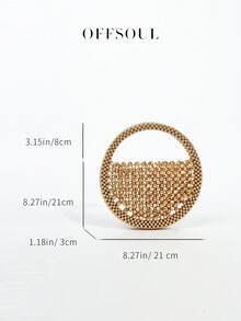 Elegant Hollow Handmade Metal Beaded Woven Pearl Round Handbag, Shiny Glamorous Tote Bag For Parties, Weddings, Fairy-Like, Beaded Bag - Vàng - Xem 9