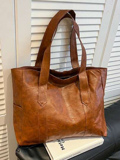 Large Capacity Men's Handbag, Versatile Fashion PU Shoulder Bag, Durable Commuter Bag For College Students, Portable Shopping Tote Vintage