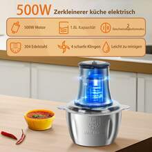 Aigostar Zerkleinerer küche elektrisch, 500W, Zerkleinerer mit 1.8L Edelstahl-Schüssel, 2 Geschwindigkeiten, 4 Edelstahlklingen, Multizerkleinerer für Fleisch, Gemüse, Zwiebeln, Obst, Knoblauch - EU E-Typ Stecker (220-240V) - Übersicht 3