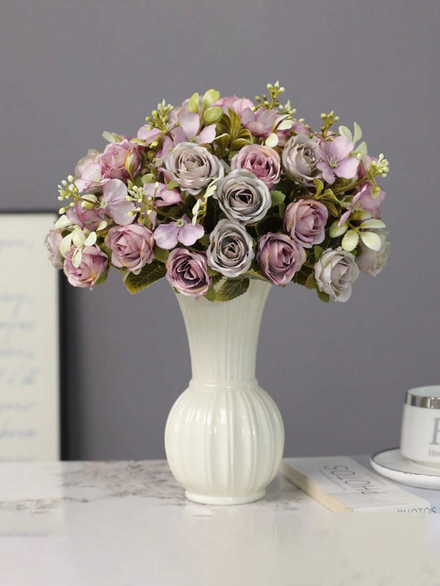 1pc French Style Minimalist Plastic White Flower Vase, Modern Decorative Vase, Creative Home Decor Accessory, Suitable For Floral Decoration On Dining Table, Desk, Living Room, Bedroom, Fireplace, Durable - White - View 1