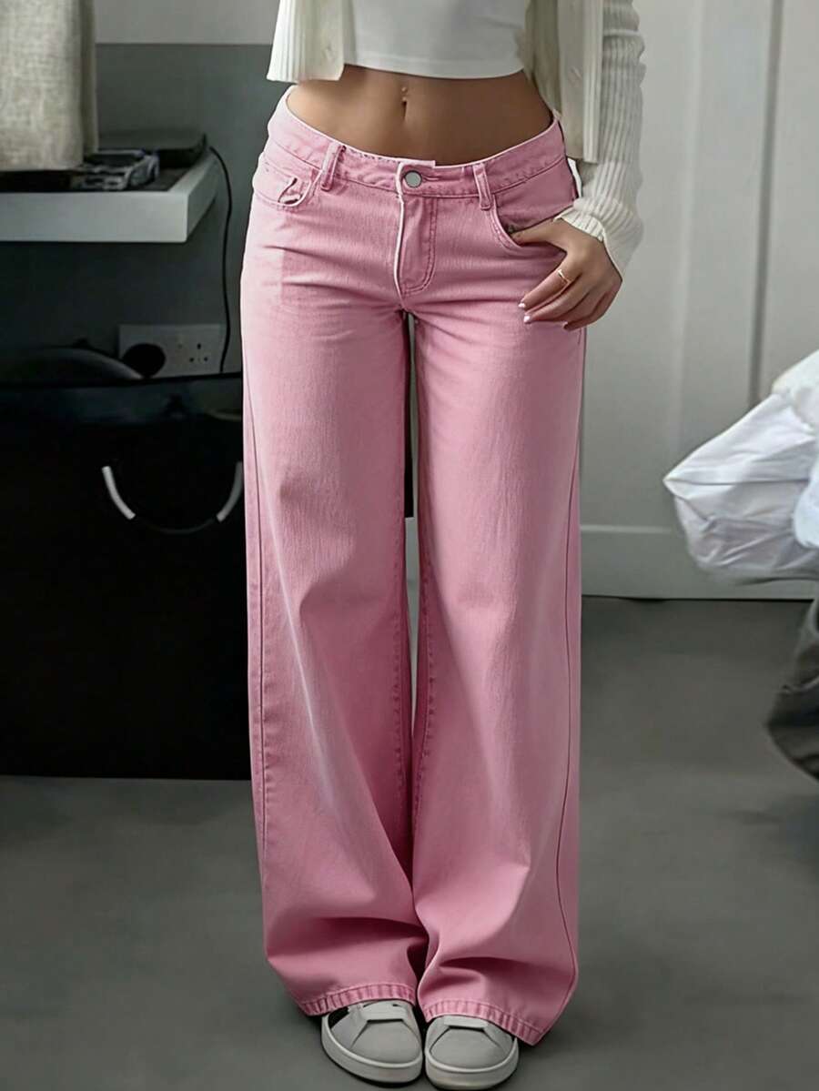 Women's Mid Rise Pink Wide Leg Jeans Loose Straight Sweet Girl Basic Casual Daily Fashion Bottoms Spring - Pink - View 1
