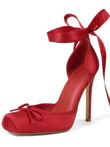 Stain Ballet Heels Women Stiletto Pumps Closed Square Toe Bow Ballerina Lace Up Strappy Valentine's Day Elegant Party Shoes - 紅色 - 查看 2