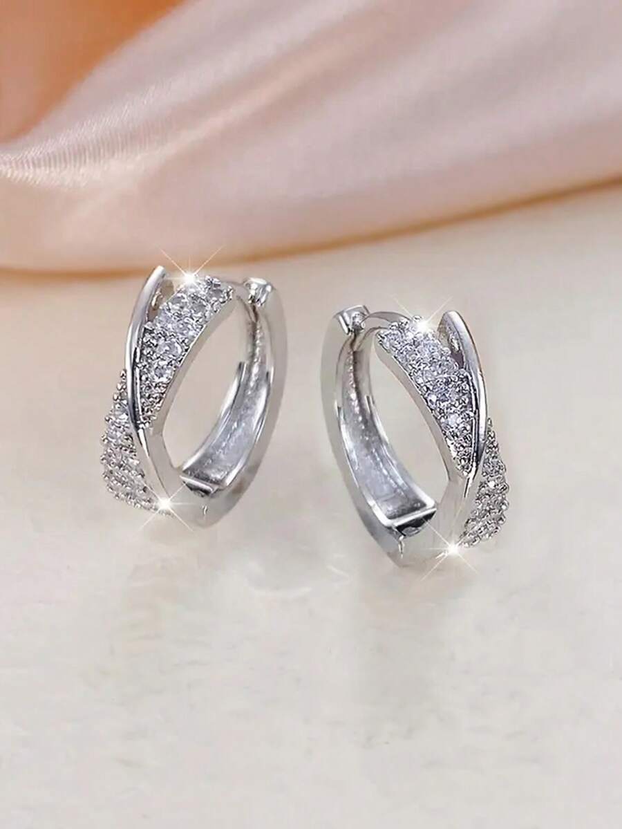 1 Đôi bông tai vòng thanh lịch đính đá Cubic Zirconia dành cho thiếu nữ, thích hợp để trang trí hàng ngày, dự tiệc hoặc làm quà tặng sinh nhật. - Bạc - Xem 1