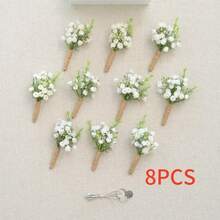 Boutonniere With Pins For Men, Rose Boutonniere With Eucalyptus For Men,Wedding Flower Boutonnieres With Pins For Groom And Best Man Wedding Ceremony Anniversary, Homecoming Prom Party ,Artificial Flowers For Wedding Decor/Prom/Homecoming,Etc - White BabyBreath Boutonniere - View 12