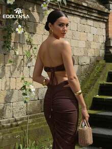 Women's Sexy Ruched Bandeau Swimsuit Bubble Strapless 3 PiecesBikini Sets White High-Cut Maxi Skirt Swimsuit Luxury Resort Wear Beach Outfit