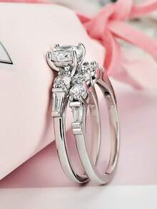 2pcs/Set Women's Engagement Rings, Shiny Silver Zirconia Stone Decorated Rings, Suitable For Daily Wear, Engagement, Wedding Anniversary, Party, Jewelry, Valentine's Day, Birthday Gift, Classic Eternal High-End Design Ring Jewelry