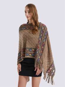 1件女士针织披肩斗篷，优雅秋冬新款柔软舒适保暖披肩斗篷，高品质套头外套，休闲百搭斗篷毛衣，适合日常穿着和外出，圣诞装饰 - 卡其色 - 查看 2