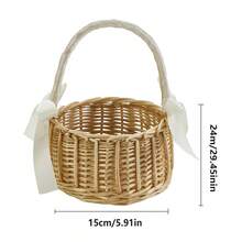 Cesta de flores tejida, elegante, rústica, con lazos, de gran capacidad, ligera y portátil para almacenamiento. - Blanco - Ver 7