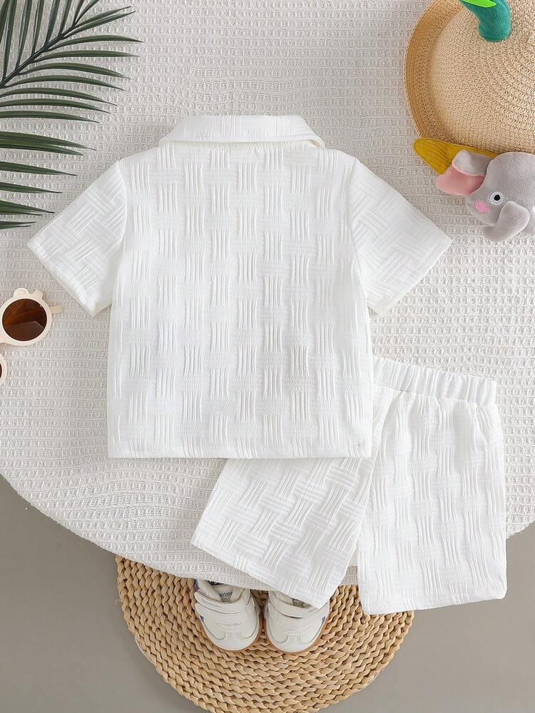 2 Peças Conjunto de Camisa e Shorts Infantil com Estampa Fofa de Desenho Animado Texturizada, Moda de Rua para Meninos - Branco - Visão 2