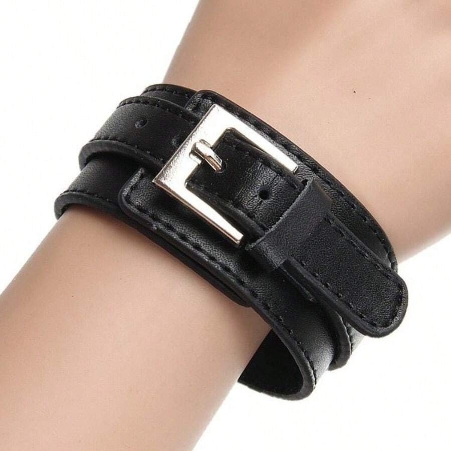 Punk Leather Bracelet Men's Women's Adjustable Cuff Wristband Bangle - màu đen - Xem 1