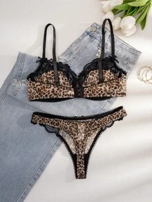 Temptuelle 1 Set Leopard Print Lace Trim Bow Decor Underwire Comfortable Women Underwear Lingerie Set Two Pieces Set Women 2 Pieces Set - Multicolor - View 10