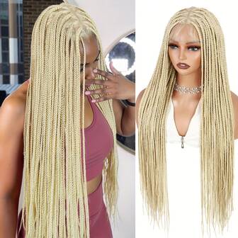 36英寸全蕾丝无结盒式编织假发，女士金色盒式编织假发，菱形无结盒式编织假发，带婴儿发，全双层蕾丝，棕色/黑色/金色编织假发，手工编织假发，带刘海，金色编织假发，日常佩戴