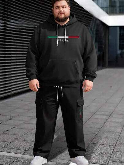 Bộ 2 áo hoodie nỉ thường ngày họa tiết thời trang dành cho nam cỡ lớn + quần túi hộp, chất liệu vải thoải mái, thích hợp cho các buổi đi chơi thường ngày, du lịch ngoài trời, giải trí tại nhà, món quà tuyệt vời cho nam giới, mùa xuân/thu