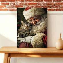 Arte en lienzo con marco de madera de Santa Claus y Tabby - Decoración de pared clásica con santo blanco, beso lindo, póster navideño pre-montado para el hogar, dormitorio, baño - Reutilizable todo el año (sin herramientas necesarias), plano 2D, decoración - Multicolor - Ver 3