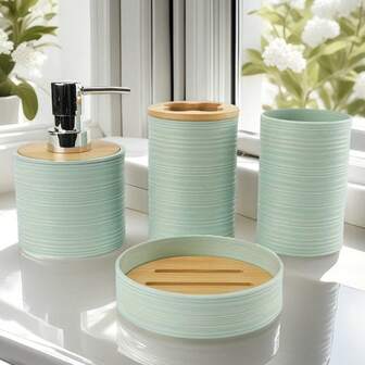 4-delars badrumstillbehörsset, inklusive lotiondispenser, tumbler, tandborstehållare och tvålkopp - plast, badrumsarmaturset