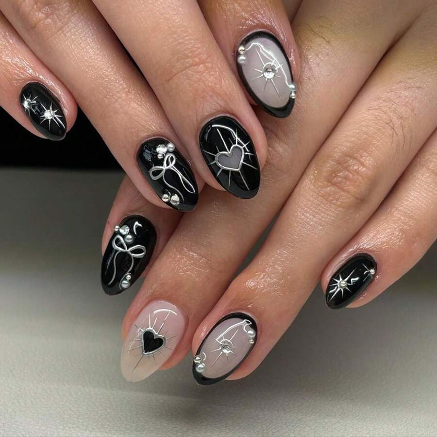 24pcs, Gothic Black Nail Art, False Nails, Bow And Heart Y2K Wearable Nail Tips, Short Almond Nail Tips. - 1 - 查看 1