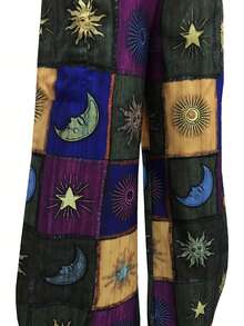 Sun & Moon Print Wide Leg Pants, Casual Elastic Waist Pants With Pocket, Women's Clothing - 彩色 - 查看 6