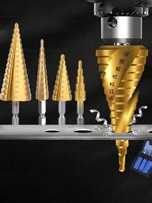 6件套钛涂层高速钢阶梯钻头组，六角柄TiN涂层阶梯钻头，适用于木材、金属、铝、塑料的开孔 - 彩色 - 查看 1