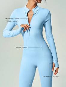 UONNOU 1 Piece 连体衣 连体运动服 蜜桃臀 提腰 收腹 瘦腿 全身塑身 拉链半开 长袖 拇指孔设计 小立领 适合运动 滑雪 骑行 健身房 瑜伽 球类运动 锻炼 室内外 日常休闲 无缝罗纹针织面料 运动服 秋冬款 - 水藍色 - 查看 4