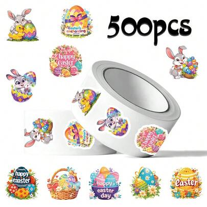 500pcs Easter Sealing Stickers, Cute Rabbit & Easter Egg Cartoon Roll Stickers, DIY For Luggage, Phone, Guitar, Scrapbook, Party Favors