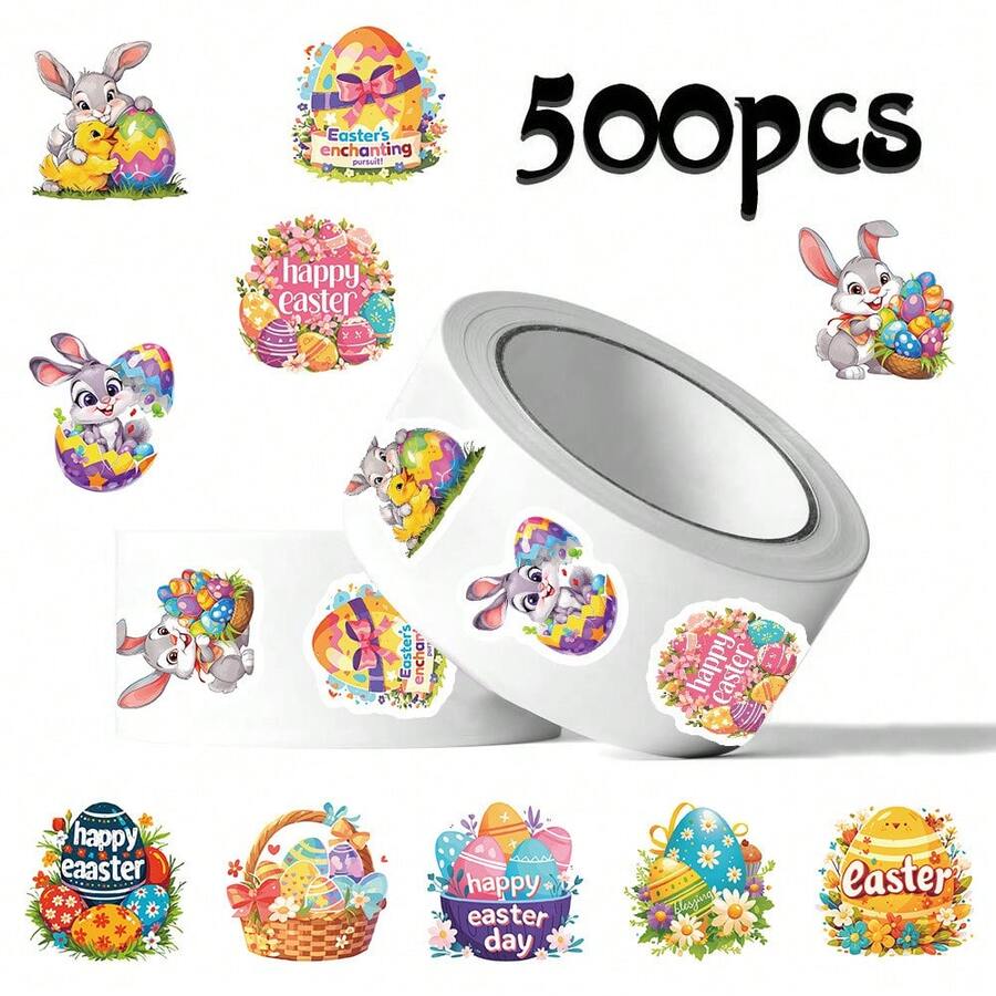 500pcs Easter Sealing Stickers, Cute Rabbit & Easter Egg Cartoon Roll Stickers, DIY For Luggage, Phone, Guitar, Scrapbook, Party Favors - Multicolor - View 1