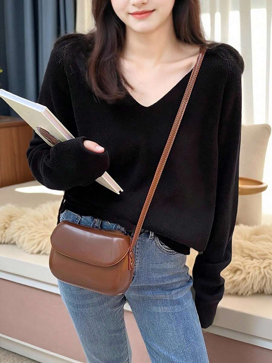 女士秋冬简约V领百搭套头毛衣 - 黑色 - 查看 1