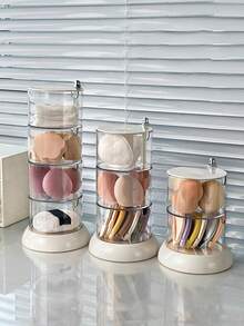 1pc Makeup Sponge Storage Box, Rotating Makeup Brush Holder, Desktop Makeup Puff Dust-Proof Organizer - White - View 2