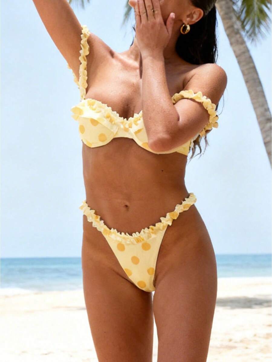 Women's 2 Piece Bikini Set Lace Neck Spaghetti Strap Ruffle Bathing Suit Swimsuit - Yellow - View 1