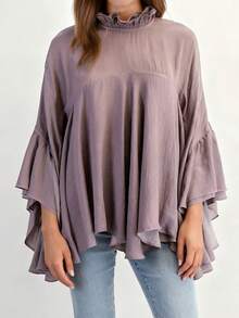Women's Loose Fit Poncho Tops Solid Color Batwing Long Sleeve Round Neck Ruffled Blouse Tunic Shirt Tops For Casual Daily Wear - 紫色 - 查看 2
