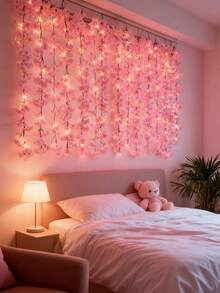 一套亮粉色樱花藤蔓装饰，适用于卧室、派对、婚礼、感恩节、四季皆宜、家居、壁炉、楼梯、栏杆、窗帘、新年、春季装饰[1株藤蔓+1串灯] 电池供电[不含电池]，情人节、生日、毕业礼物