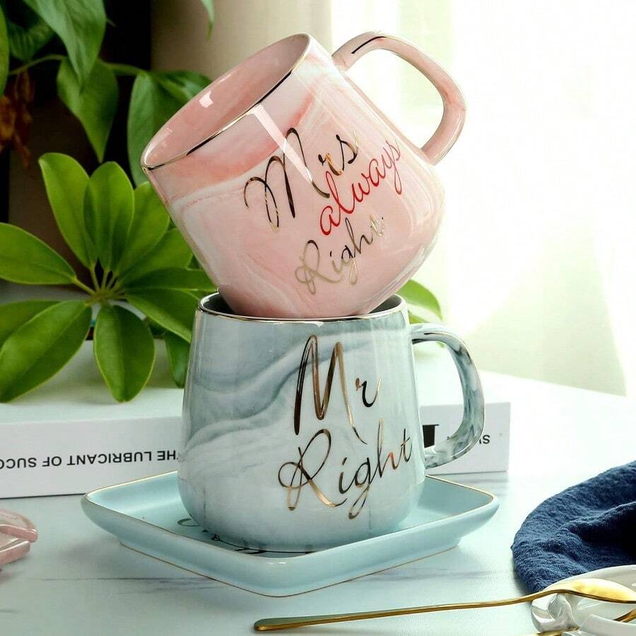 YQQ Juego de Tazas de Café para Parejas Taza de Café para él y Ella Regalos de Boda Aniversario Regalos de Navidad Compromiso de Cerámica únicos para Parejas Novios Recién Pareja Casadas5735 - Sr. Sra. Tazas - Ver 1