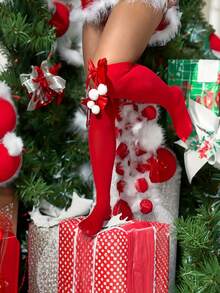 Christmas Eve Ladies' Striped Knee-High Socks With Bow And Pom-Poms - Red & White Candy Cane Perfect For Holiday Parties, Cosplay Costumes, And Reindeer Outfits. Stretchy And Durable. - Multicolor - View 5