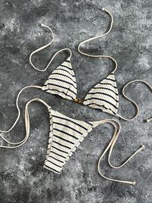 Bộ đồ bơi crop top và chân váy tối giản, gợi cảm và thời trang dành cho nữ, đi biển, du lịch, hẹn hò, chất liệu vải đặc biệt, đính cườm, họa tiết sọc, hàng mới về mùa xuân/hè - Nhiều màu - Xem 2