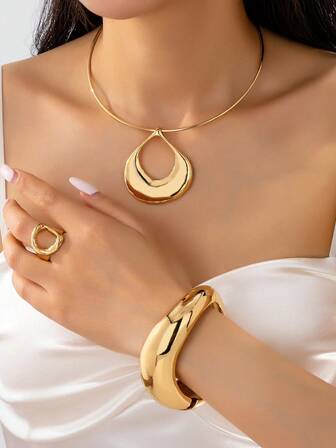 1 Set Alloy Geometric Bracelet, Ring, Necklace Jewelry Set, Fashion Accessories Gift For Women