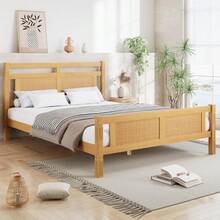 Wooden Double Bed With Rattan Paper Accent | 4ft6 (135x190cm) MDF Frame With Sturdy Slats In Wood Colour - Natural + Solid Wood+MDF + 135cm*190cm - View 2