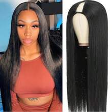 V Part Wigs Human Hair Straight V Shape Wigs For Black Women Upgrade U Part Wigs No Leave Out No Sew In No Glue Clip In Half Wigs 180% Density Natural Black - Natural & Black - View 2
