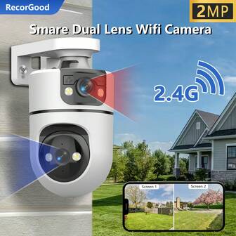 1pc 32GB Memory Card WIFI Dual Lens 2MP Surveillance Camera With Calling Button - Designed For Elderly And Children, With Privacy Screen, Switchable B&W And Color Night Vision, AI Motion Detection & Tracking, All-Round Indoor/Outdoor Security Protection