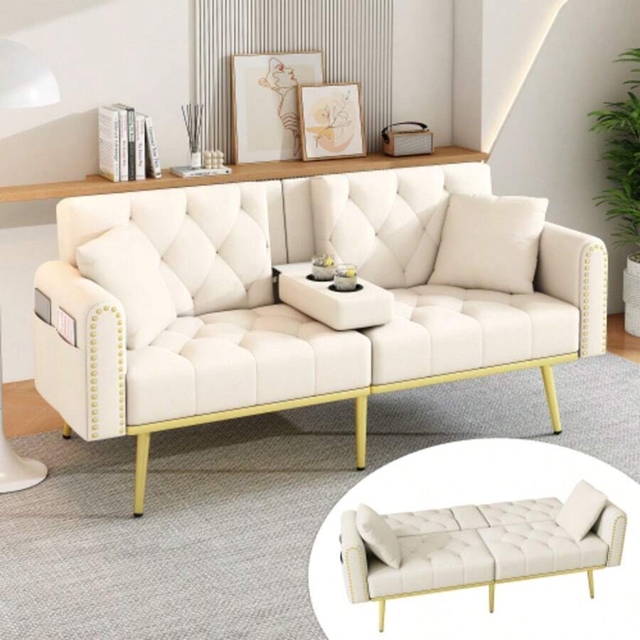 Folding Double Sofa Bed With Reclining Function, Three Reclining Positions, And A Cup Holder. Ideal For The Living Room, Bedroom, Home Theater, Or Guest Room. Upholstered In Beige Fabric. - Beige - View 1