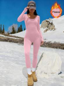 1 bộ áo liền quần dài tay bằng vải nỉ dành cho nữ, thích hợp cho thể thao, yoga và tập thể dục. - Hồng - Xem 4