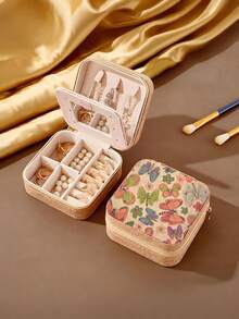 1个复古旅行首饰盒，小型皮革首饰盒，复古镜面首饰盒，收纳整理，复古长款优雅软木便携大容量首饰盒，防尘首饰盒，优雅印花首饰盒，迷你PU皮革复古印花带镜首饰盒 - 彩色 - 查看 6