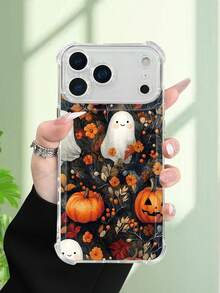1 pieza Funda de teléfono con diseño de calabazas talladas y fantasmas sonrientes entre hojas otoñales, estilo divertido y festivo para temporada de Halloween, funda transparente resistente a golpes, ligera y con corte preciso, compatible con iPhone 17/16/15/14/13/12/11/XS/XR/X/PLUS/PRO/PROMAX, compatible con Galaxy A34/A35/A54/A55, Galaxy S20/S21/S22/S23/S24 Ultra/Plus, compatible con Moto/Galaxy/Redmi/Honor/OPPO, regalo de fiesta - transparente - Ver 5